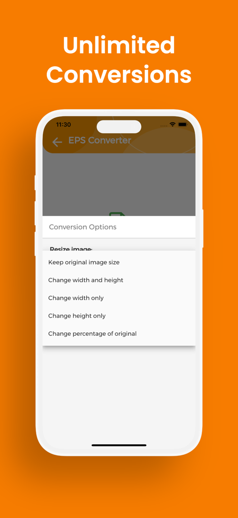 EPS Converter, EPS to SVG - Screenshot of the EPS Converter app showing various image resizing options for file conversion.
