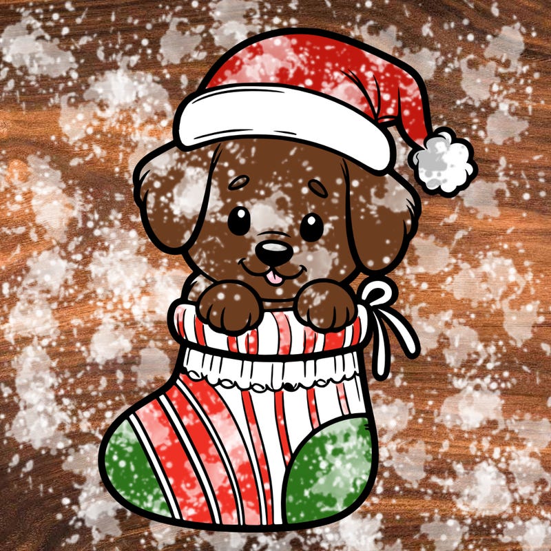 cute puppy wearing santa hat in socking