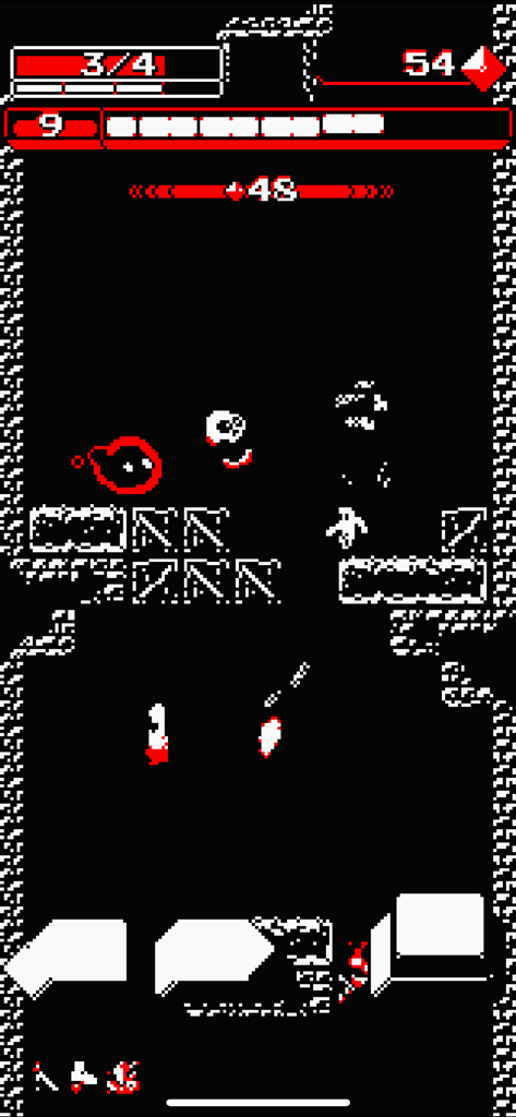 Downwell - A high contrast pixel art screenshot of Downwell showing the character falling down a well amidst enemies and platforms.