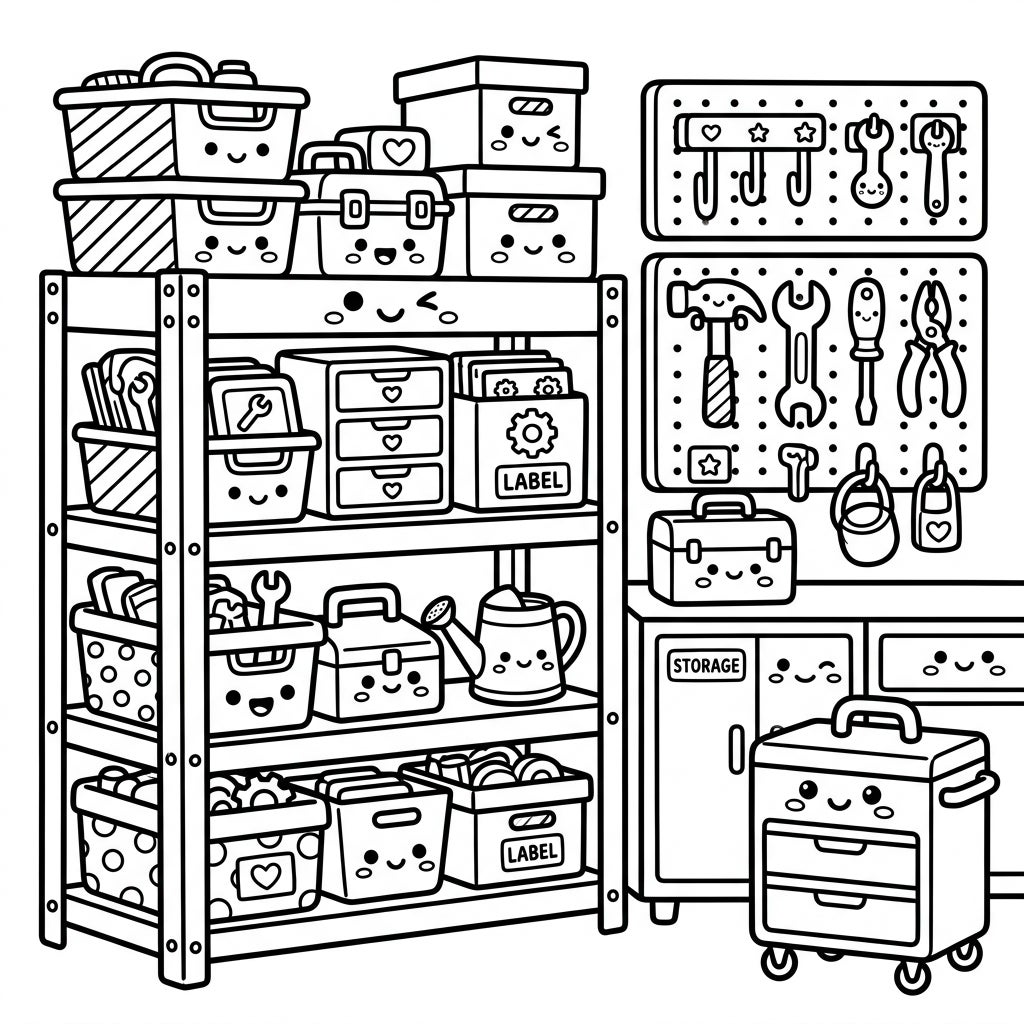 Kawaii Garage Storage Coloring Page - Cute Tools & Shelves