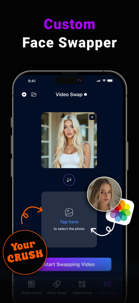iPhone screen showing the video face swap interface in the AI Faceswap app.