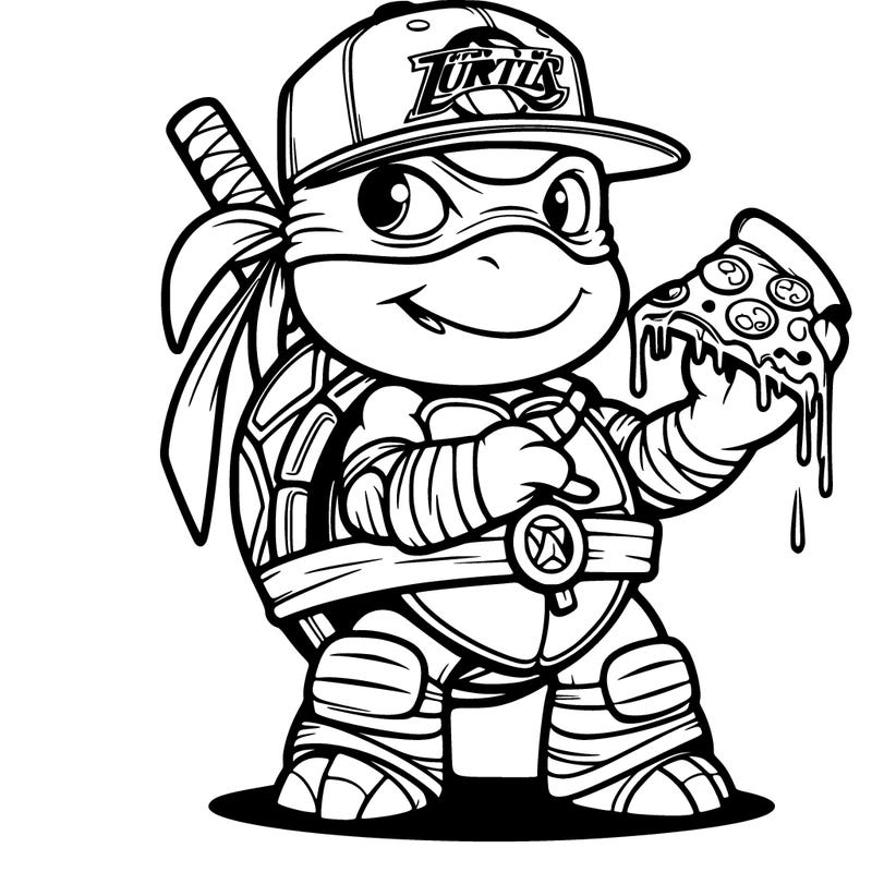 teenage mutant ninja turtles mikey wearing a chicago bulls hat eating pizza