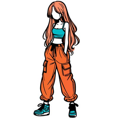 girl in baggy pants crop top and long hair