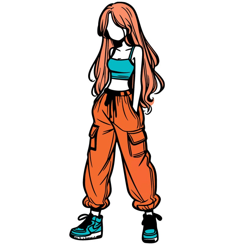 girl in baggy pants crop top and long hair