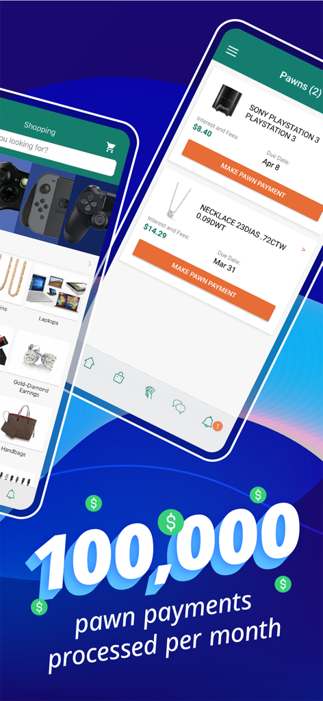 Interfaz de la aplicación MobilePawn que muestra la gestión de pagos de empeño y las categorías de compras de segunda mano