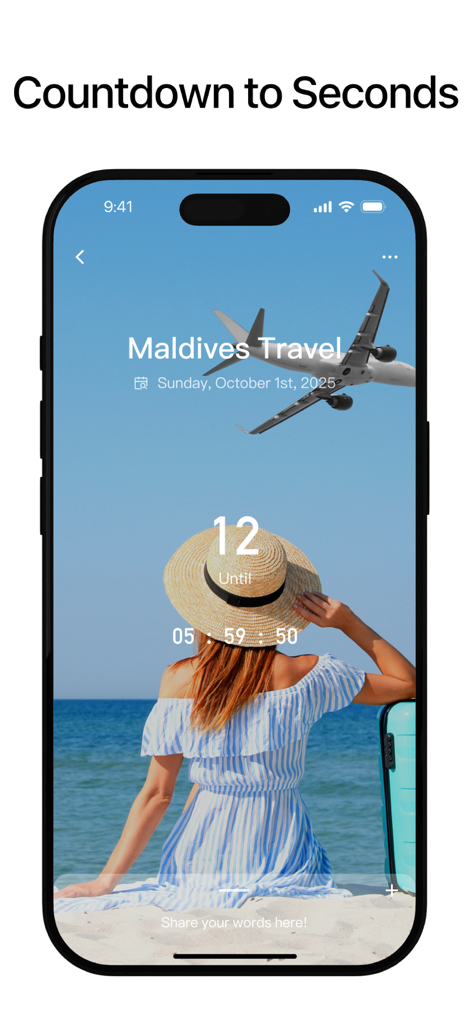 Day Counter app interface showing an aesthetic travel countdown for a Maldives trip with a beach background