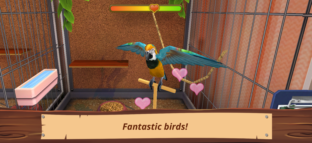 Un perroquet bleu et jaune coloré déploie ses ailes dans une cage à oiseaux en 3D au sein du jeu Pet World.