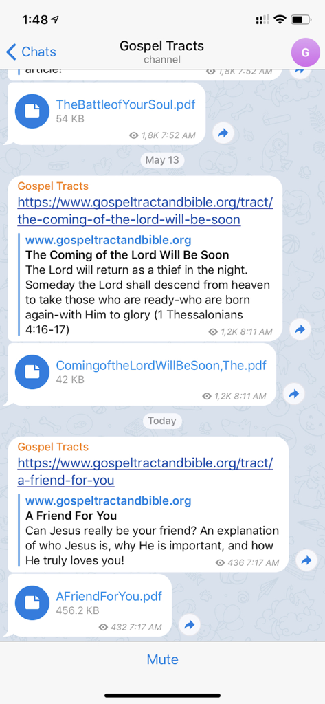 CloudVeil Messenger - CloudVeil Messenger app interface showing a gospel tracts channel with religious links and PDF files