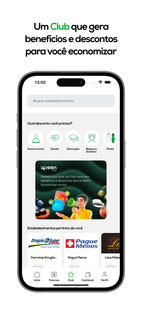 Interface of iGreen Club app showing discount categories and local partner stores for cashback rewards