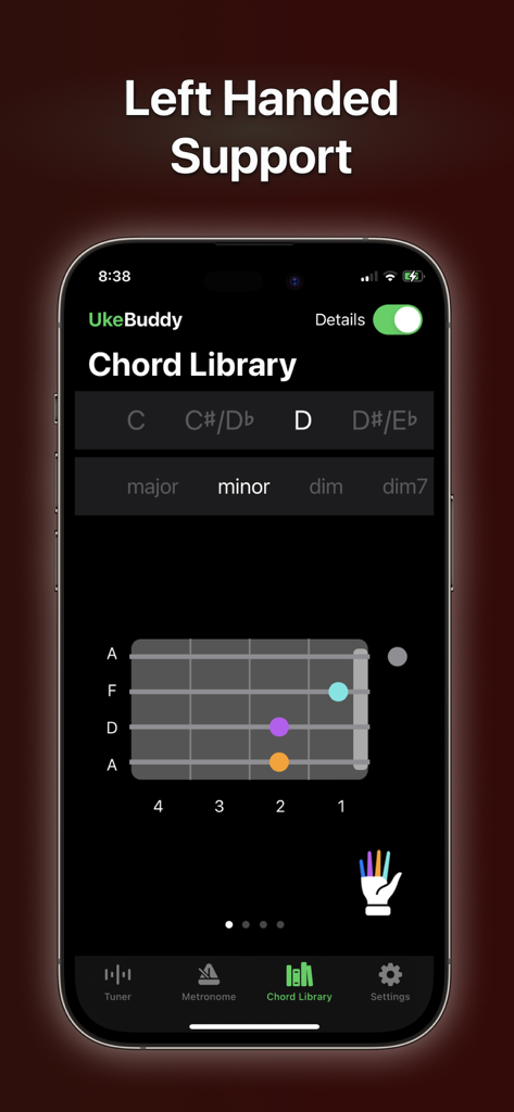 Uke Tuner: Song Chord Ukulele - Uke Tuner app chord library screen featuring left handed support for ukulele chords