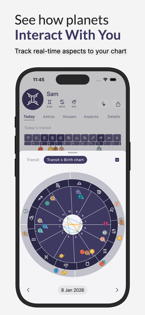 Horos - Birth Chart - Horos astrology app interface showing a detailed astrological birth chart and transit overlay