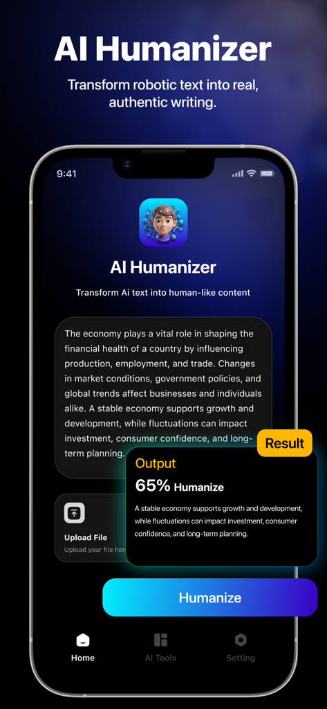 Mobile app interface of Humanize AI showing the AI Humanizer tool processing text on an iPhone