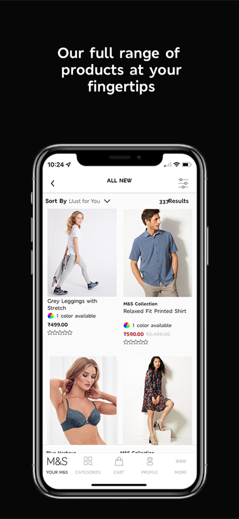 M&S India - M and S India app interface showing a variety of apparel for men and women