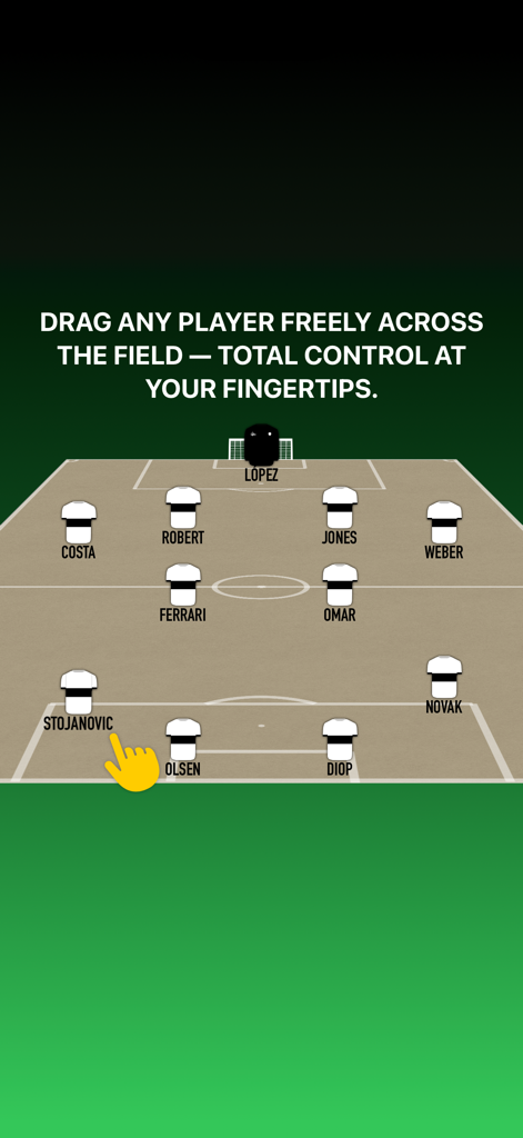 Soccer Lineup Builder 11 Pro - A soccer field interface in the Soccer Lineup Builder app showing the drag and drop feature for positioning players in a custom formation.