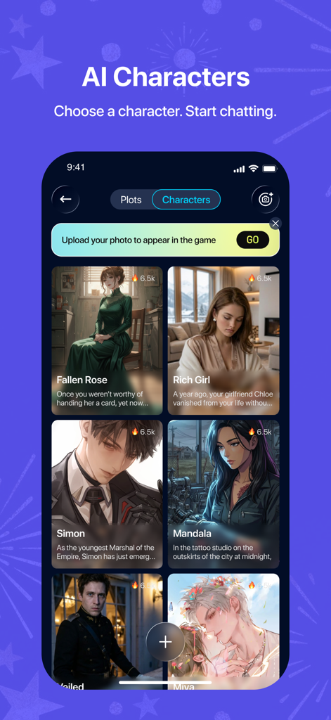 Agnes — Your AI for Life - Interfaz de la aplicación Agnes mostrando una variedad de personajes de IA disponibles para chatear con avatares artísticos de alta calidad