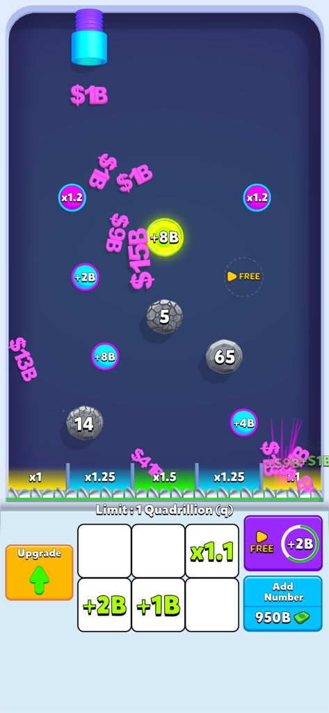 Digi Merge - Digi Merge mobile game screen with floating dollar icons and bumper multipliers