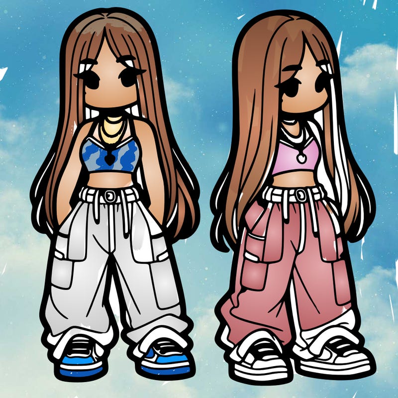 girl in baggy pants crop top and long hair