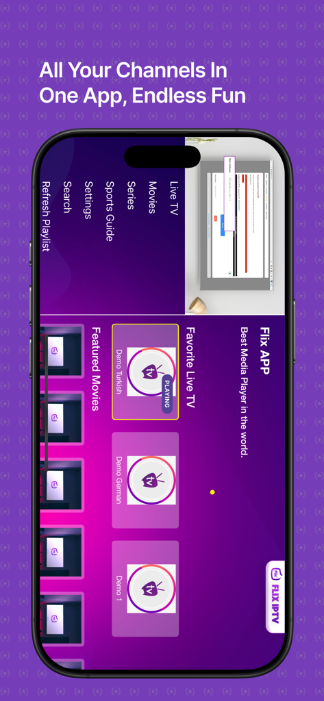 Flix IPTV App Benutzeroberfläche auf einem Smartphone mit Live-TV- und Filmkategorien sowie einem Seitenmenü