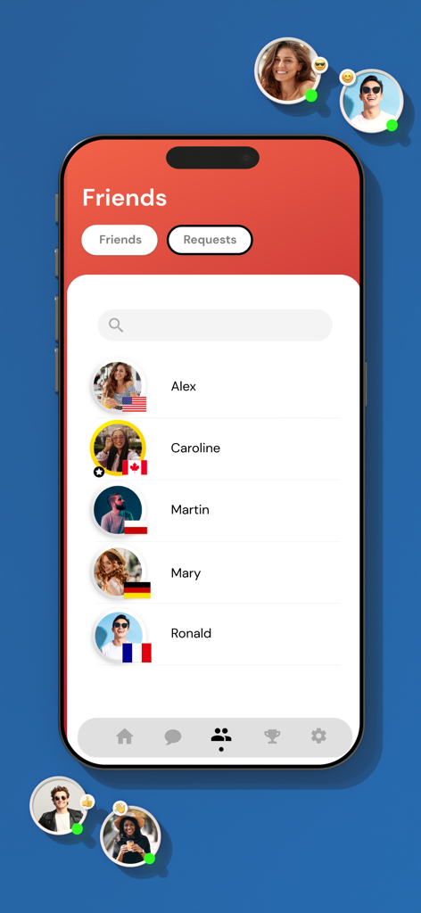 Mills | Nine Men's Morris - Friends list screen in the Mills app showing player profiles and country flags