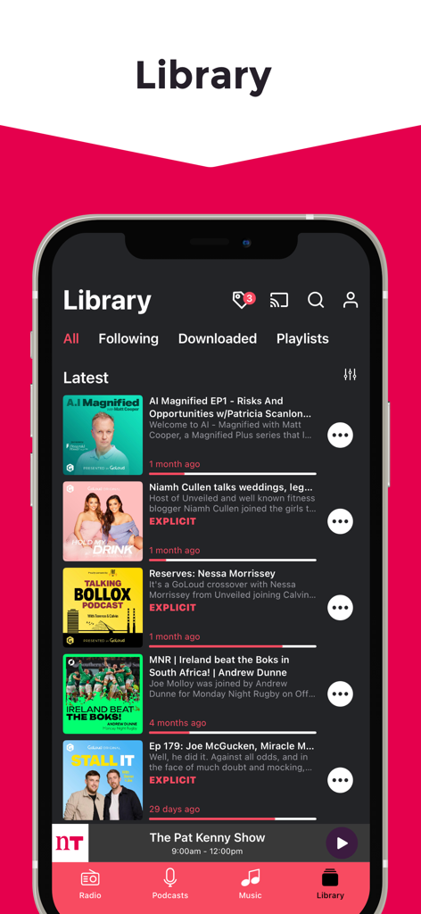 Library screen of the Newstalk app featuring a list of latest podcast episodes and radio shows