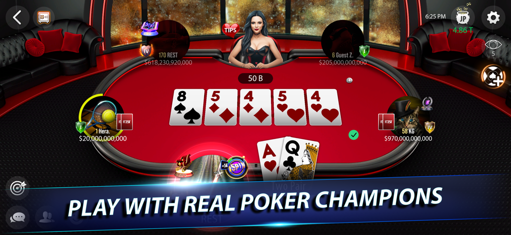 Jugabilidad en una mesa de póker online de Texas Holdem en la aplicación Rest Poker.