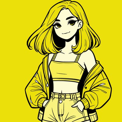 a realistic girl with a crop top and short shorts in an open jacket