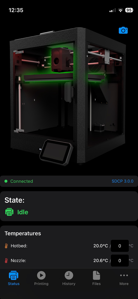 Resin Control - Panel de la aplicación Resin Control mostrando el estado de la impresora 3D inactiva y monitoreo de temperatura