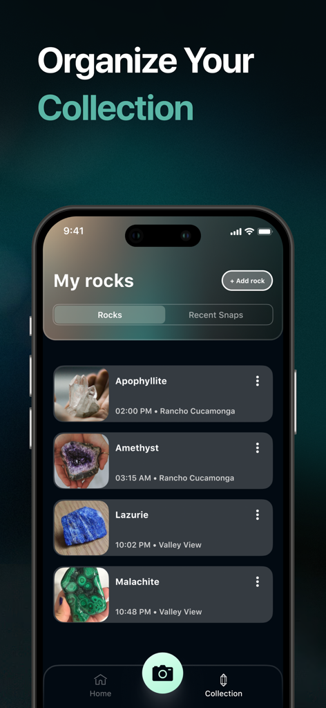 A screen from the Rock Finder app showing a list of stones in a users personal collection