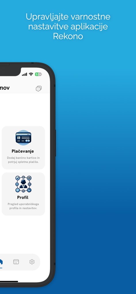 Rekono OnePass - Rekono OnePass mobile app interface showing menu options for payment and profile security settings