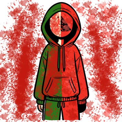 faceless girl in a tracksuit with a hood on and no hair