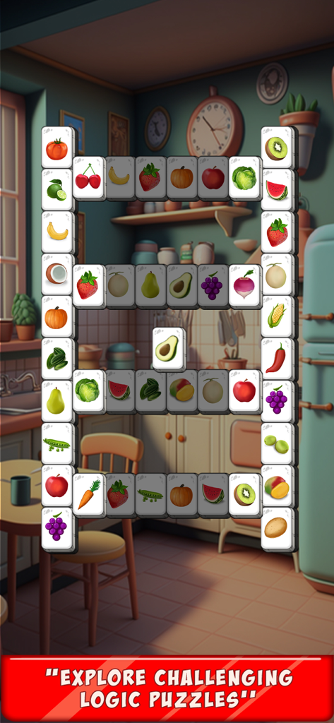 Interfaz del juego Mahjong Quest con fichas de frutas y verduras en un entorno de cocina