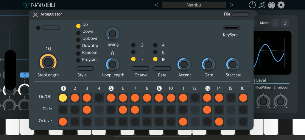 Nambu synth arpeggiator and step sequencer interface