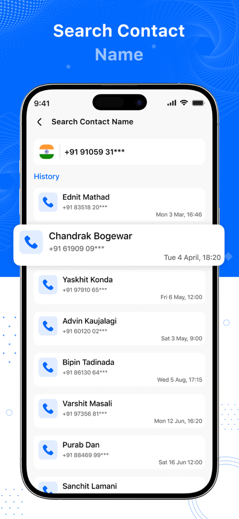 Caller App : Block & Caller ID - iPhone screen showing contact search and call history list in Caller App