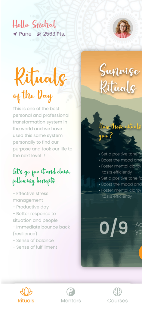 Good Vibes Within - User dashboard of the Good Vibes Within app displaying the Rituals of the Day screen with a Sunrise Rituals card.
