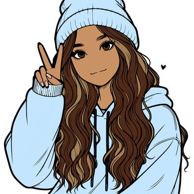 a teenage girl in a beanie, oversized sweatshirt, wavy long hair, and is showing a ✌️