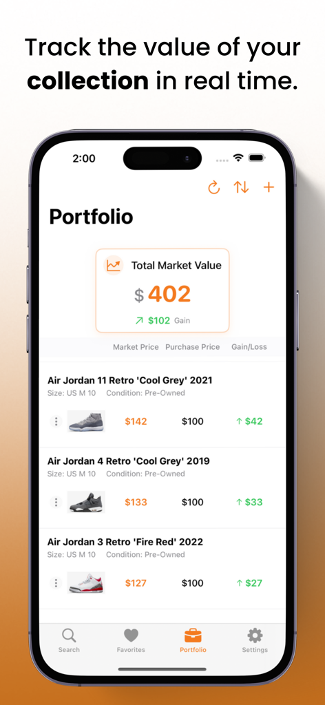 Deal Reaper - 딜 리퍼 앱 포트폴리오 화면이 스니커즈 컬렉션의 총 시장 가치 및 수익 추적을 표시합니다.