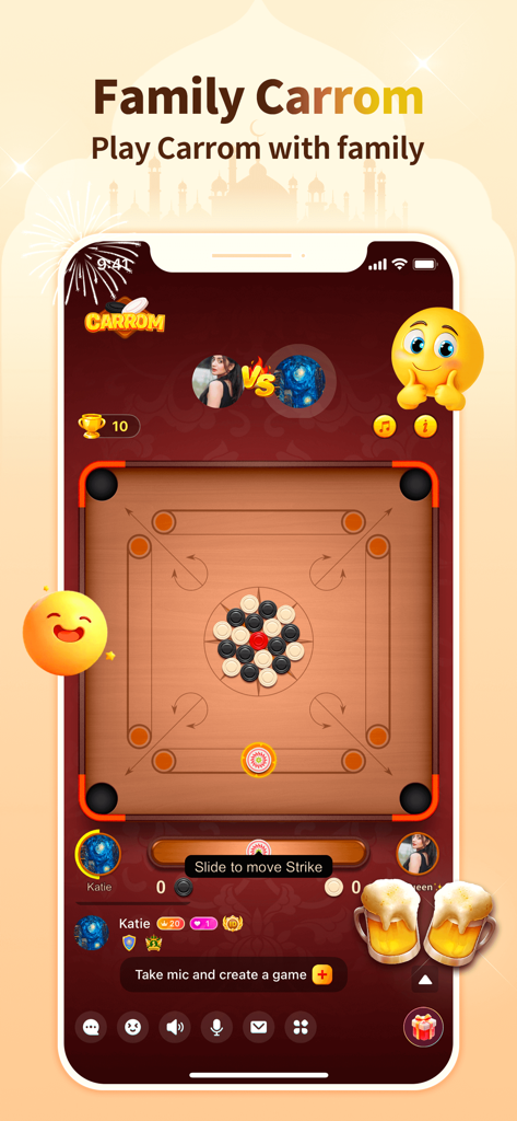 Famy - A mobile interface for the Famy app showing a Carrom game board with player avatars and social reaction icons.