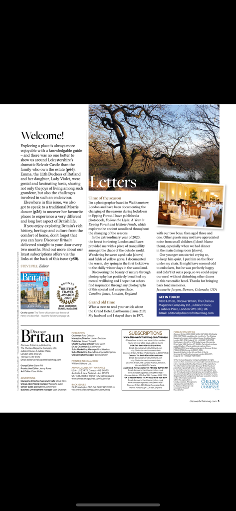 Discover Britain Magazine - A screenshot of the editorial welcome and reader letters page from the Discover Britain Magazine app.