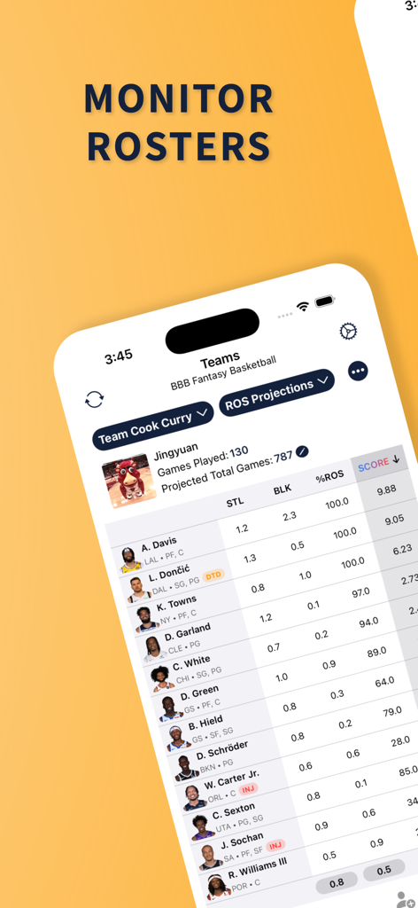 FantasyHoops AI - Interface do aplicativo FantasyHoops AI mostrando um elenco de basquete fantasia com projeções e estatísticas de jogadores