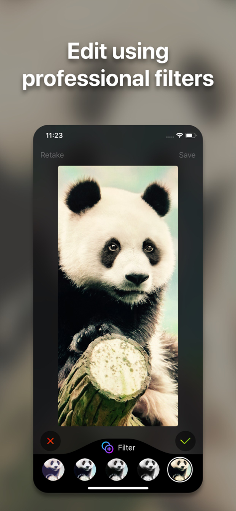 Live Wallpaper Maker: 4K Theme - Mobile app interface showing professional filters being applied to a panda wallpaper image