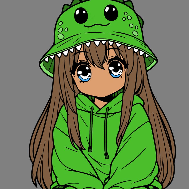 girl with anime shaped eyes with a dinosaur bucket hat oversized sweatshirt long straight hair