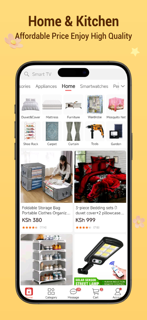 Kilimall - Affordable Shopping - Kilimall app interface showing home and kitchen products with prices in KSh
