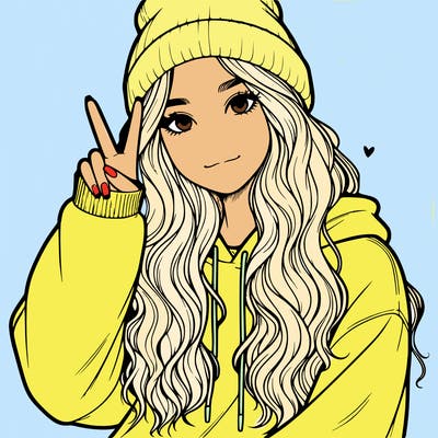 a teenage girl in a beanie, oversized sweatshirt, wavy long hair, and is showing a ✌️