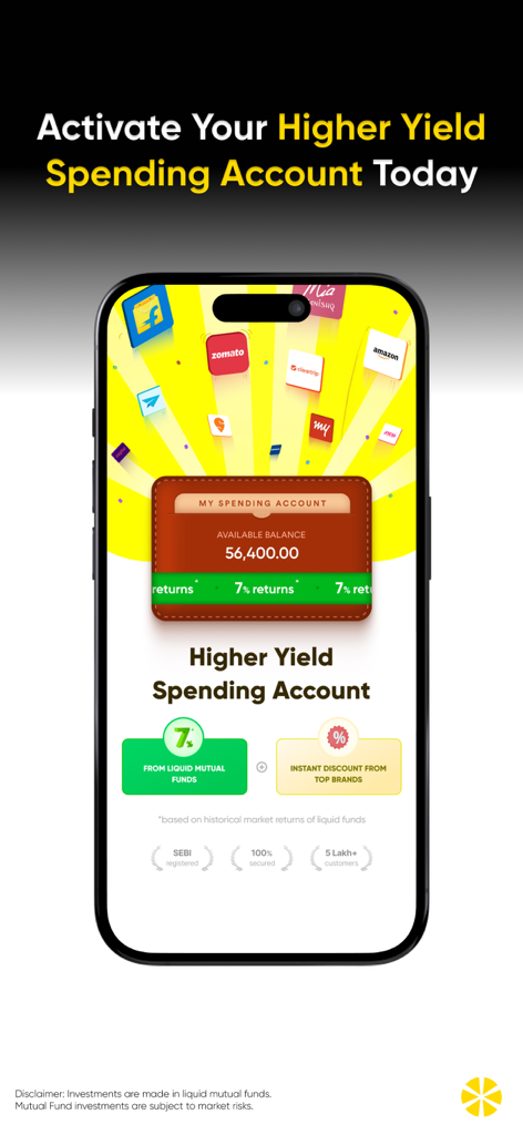 Multipl: Spending Account - Multipl mobile app screen showing a higher yield spending account with 7 percent returns and brand partner logos
