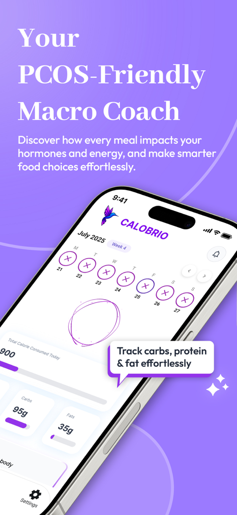 Briom:PCOS weight loss - A mobile interface for Briom app showing PCOS friendly macro tracking for carbs protein and fat