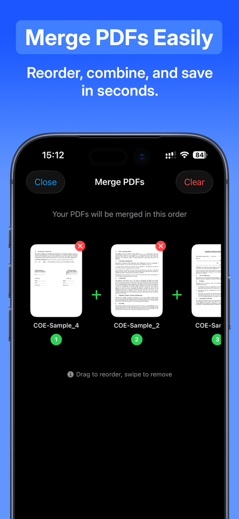 QuickSign: Sign & Scan PDF - Interface mobile montrant la fonction Fusionner des PDF où plusieurs miniatures de documents sont réorganisées pour être combinées.