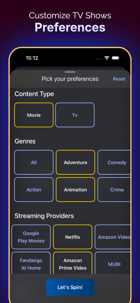 Inat TV: Movies Spinner Box - Interface of Inat TV app showing filters for content type, genres, and streaming providers