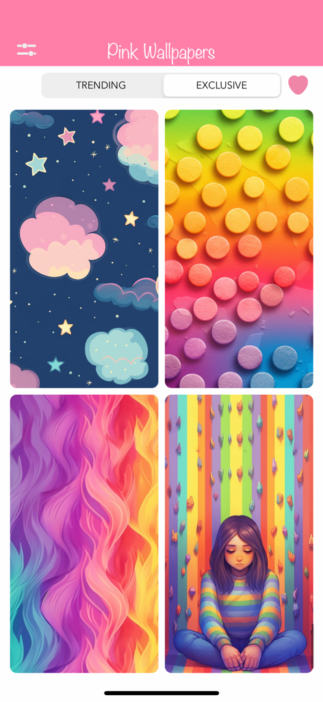 A screen from the Pink Wallpapers app showing a grid of colorful aesthetic backgrounds including clouds stars and rainbow patterns