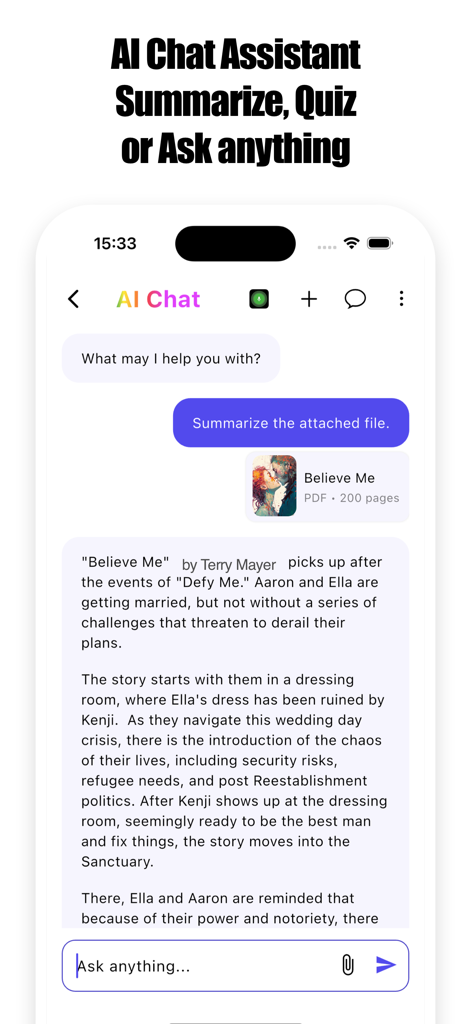 aiReader: AI Text to Speech - AI chat assistant interface in aiReader app summarizing a PDF book