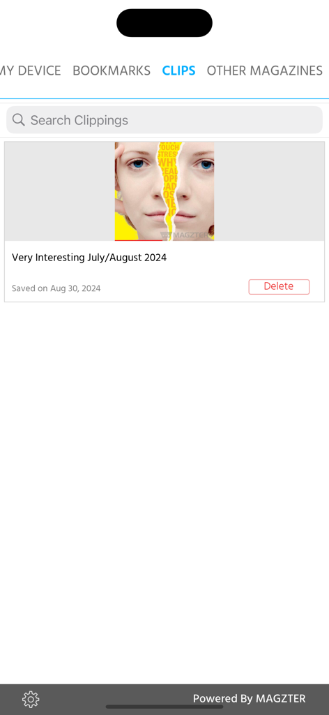 La sección de clips de la aplicación Very Interesting que muestra un artículo de revista guardado de 2024.